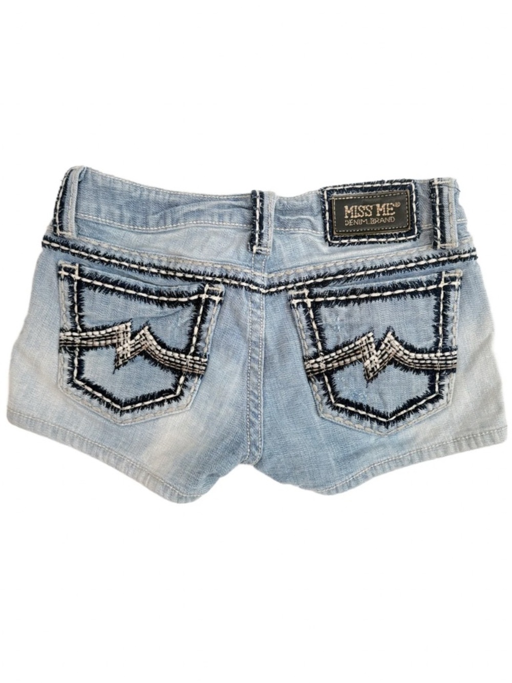 Miss Me Y2K Stitch Pocket Denim Shorts Light Wash Low Rise Size 27